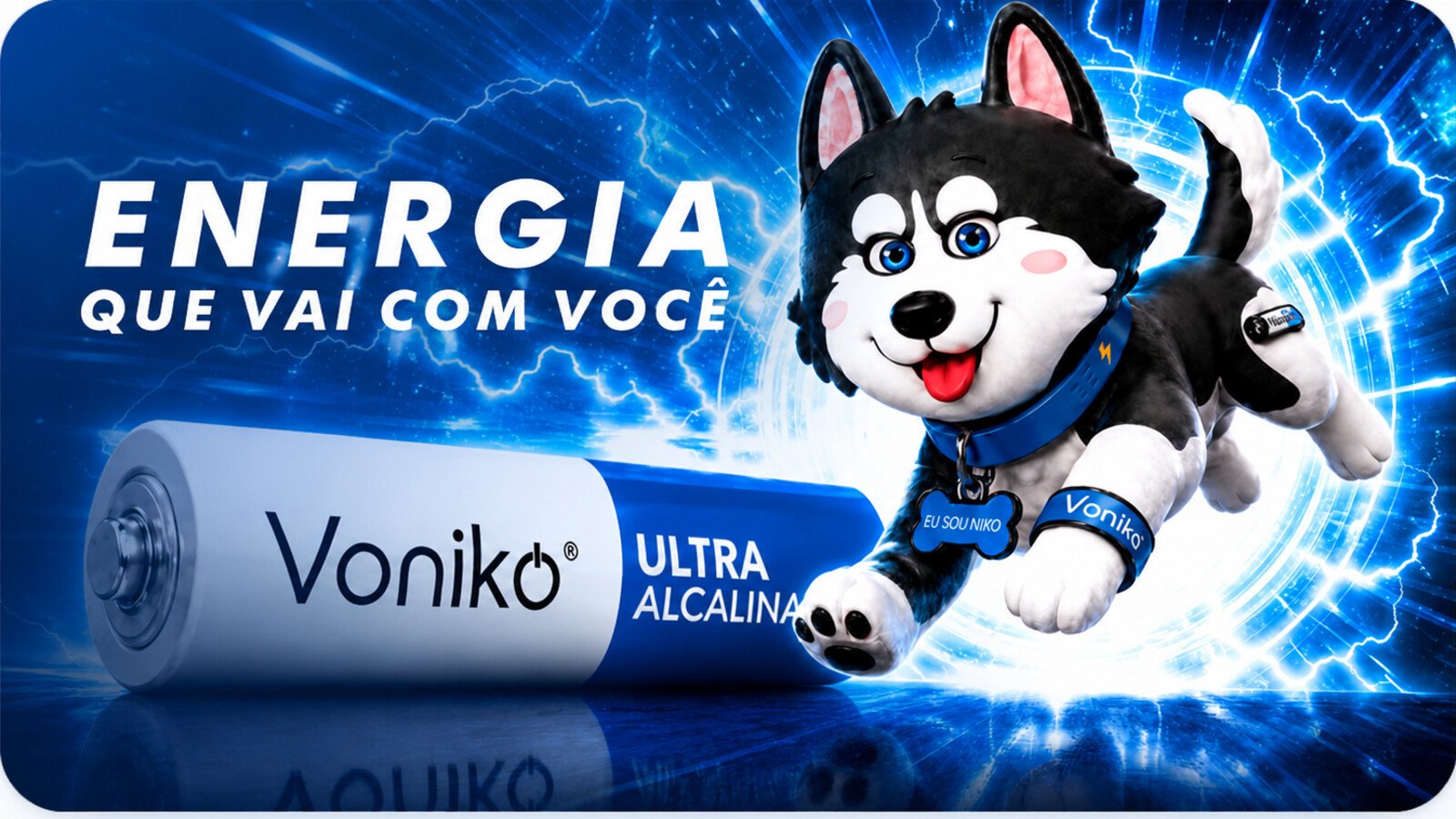 Niko e uma pilha Voniko com a frase Energia que acompanha você